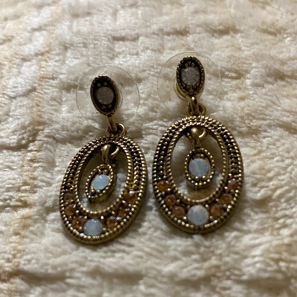 Gold-Tone Opal Accent Oval Drop Earrings